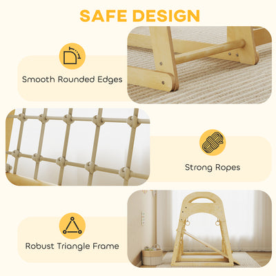 AIYAPLAY 6 in 1 Kids Climbing Frame with Slide, Monkey Bars, Gymnastics Rings, Ladder, Climbing Net, for 3-6 Years, Natural Tone 