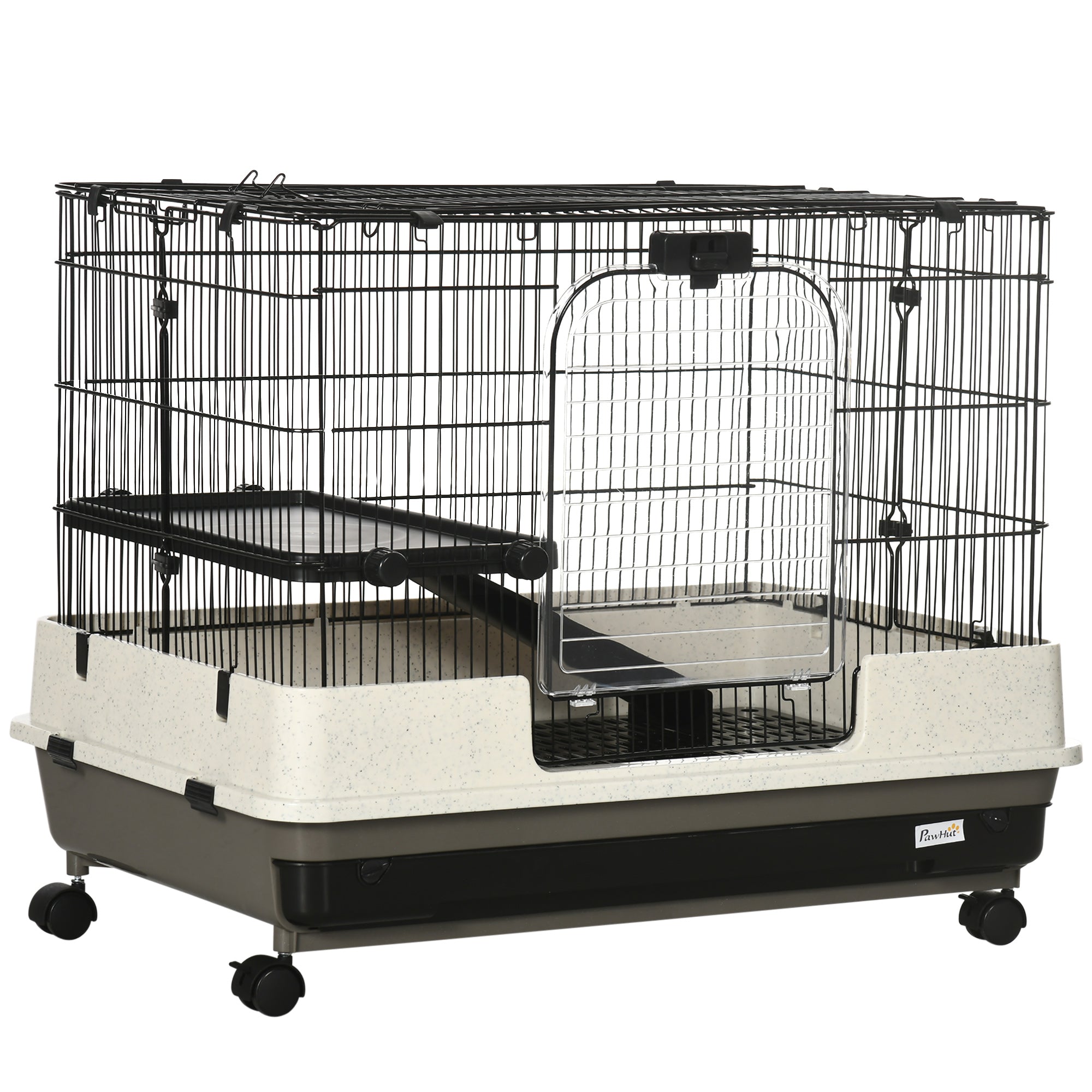 PawHut 2 Tier Rolling Small Animal Rabbit Cage Chinchillas Hutch Pet Play House with Platform Ramp Removable Tray 80 x 52.7 x 66 cm 