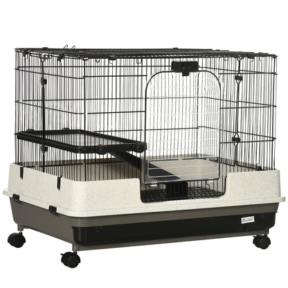 PawHut 2 Tier Rolling Small Animal Rabbit Cage Chinchillas Hutch Pet Play House with Platform Ramp Removable Tray 80 x 52.7 x 66 cm 
