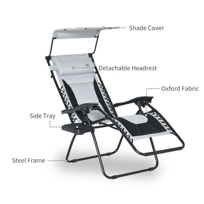 Outsunny Zero Gravity Lounger Chair, Folding Reclining Patio Chair with Shade Cover, Padded Seat, Cup Holder, Soft Cushion and Headrest for Poolside, Camping, Grey 
