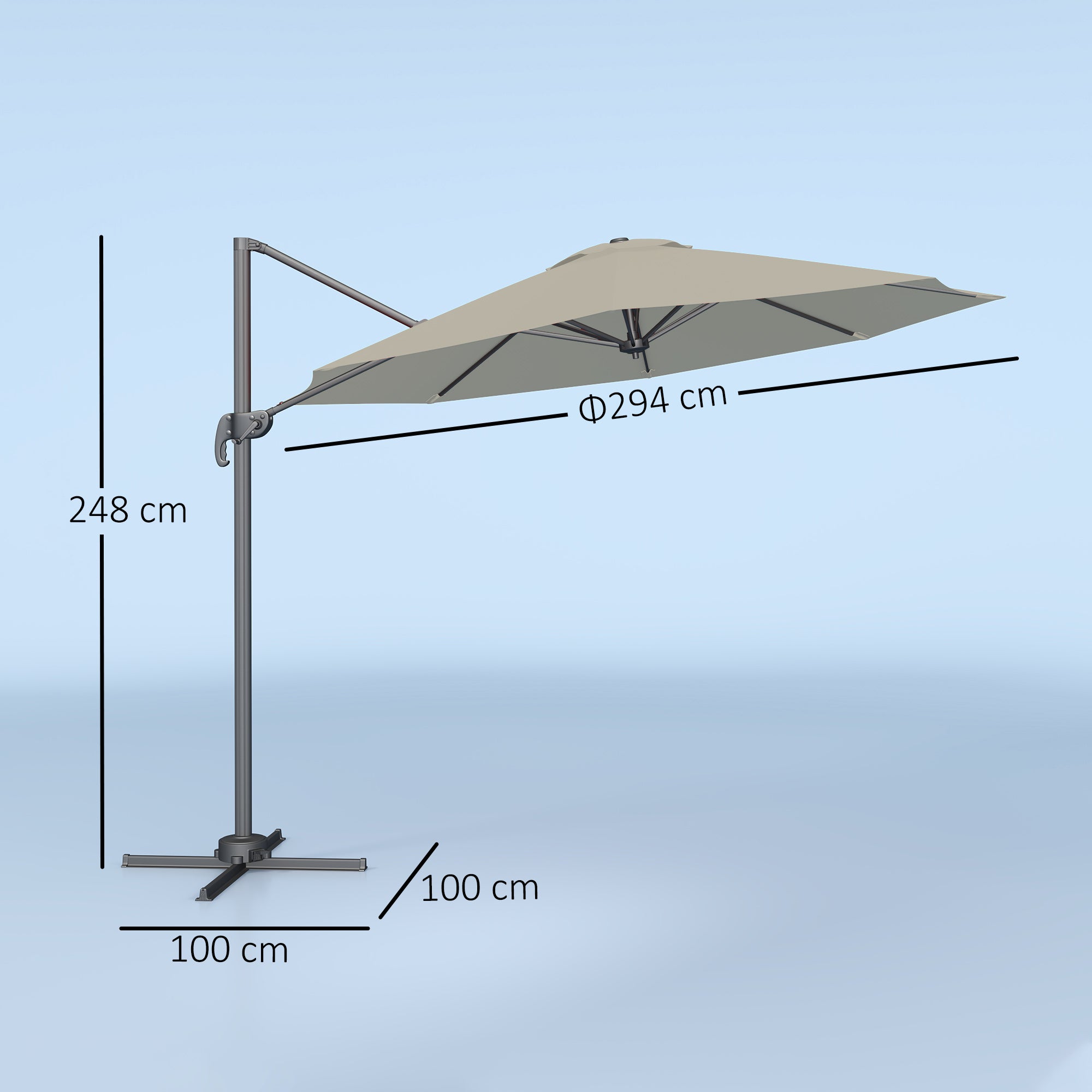 Outsunny 3 x 3(m) Cantilever Parasol with Cross Base, Garden Umbrella with 360° Rotation, Crank Handle and Tilt for Outdoor, Light Grey 