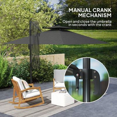 Outsunny 2.5m Cantilever Parasol with Solar Powered LED Lights, 360° Rotation, Tilt Adjustment, Crank Handle, Dark Grey 