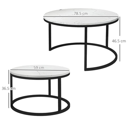 HOMCOM Set of Two Marble-Effect Stacking Tables - Black/White 