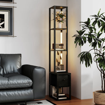 HOMCOM Floor Lamp with Shelves, LED Column Modern Standing Lamp with Fabric Drawer, Adjustable Brightness, Foot Switch for Living Room, Bedroom, Office, Black 