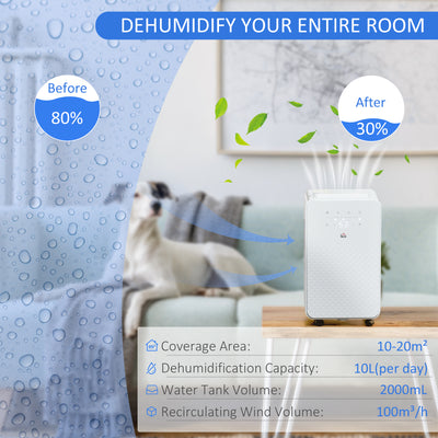 HOMCOM 2000mL Portable Dehumidifier with Air Purifier, 24H Timer, 5 Modes, 10L/Day, for Home Laundry, White 