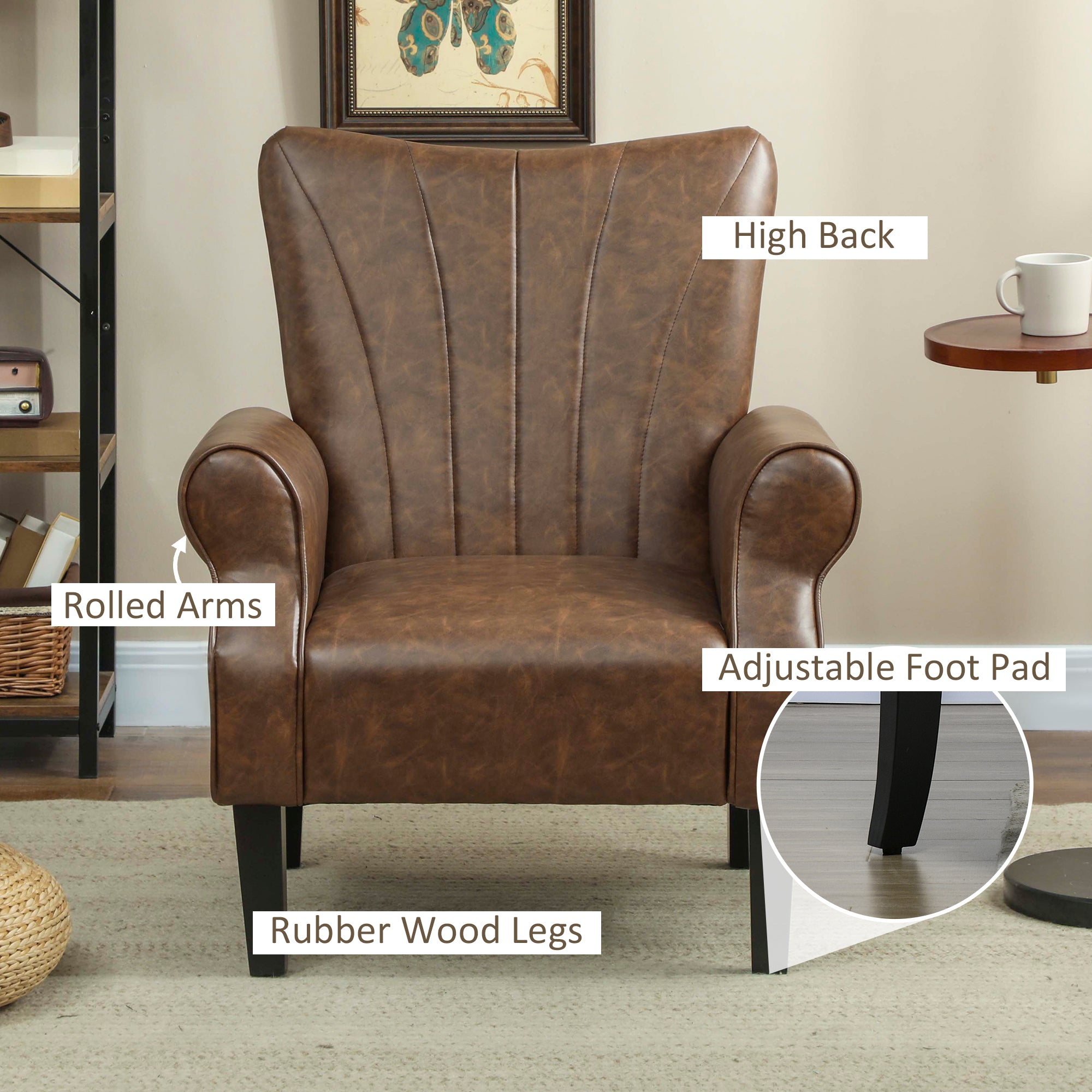 HOMCOM Upholstered Accent Chair with Rolled Arms and Wood Legs, Armchair for Living Room Bedroom, Brown