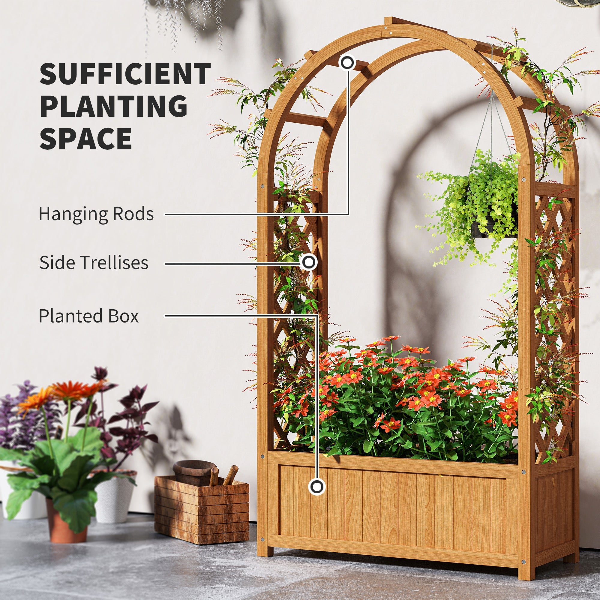 Outsunny Wooden Raised Garden Bed with Trellis, Liner, Drainage Holes, for Vine Climbing Plants, Flowers, 83 x 36 x 145 cm 