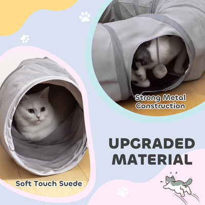 PawHut 2 in 1 Cat Tunnel with Bed, Cat Play Tunnel with Ball & Peek Hole for Indoor Cats, Grey 