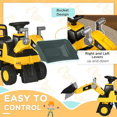 HOMCOM CAT Licensed Kids Construction Ride-On Toddler Digger Excavator Foot-To-Floor Ride-On Toy w/ Manual Shovel, Horn, Hidden Storage, for Ages 1.5-3 Years 