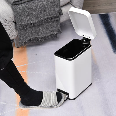 HOMCOM 5L Rectangular Compact Bin Steel Body Removable Bucket Quiet-Close Lid w/ Pedal Lid Rubbish Trash Can Home Office Bedroom Bathroom Living Room Garbage Tidy Clean White 