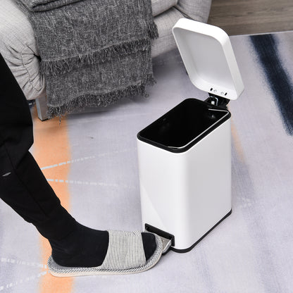 HOMCOM 5L Rectangular Compact Bin Steel Body Removable Bucket Quiet-Close Lid w/ Pedal Lid Rubbish Trash Can Home Office Bedroom Bathroom Living Room Garbage Tidy Clean White 