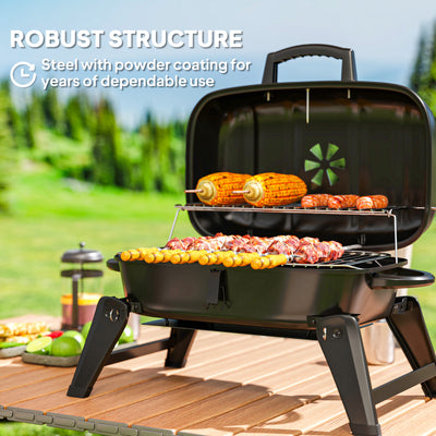 Outsunny Charcoal Barbecue Grill Folding BBQ Grill with 1232 cm² Cooking Area, Adjustable Vent, Thermometer, Handles for Camping Picnic, Black 