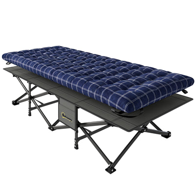 Outsunny Camping Cot with Soft Pad, 80cm Extra Wide Folding Cots with Side Pocket and Carry Bag, Blue 