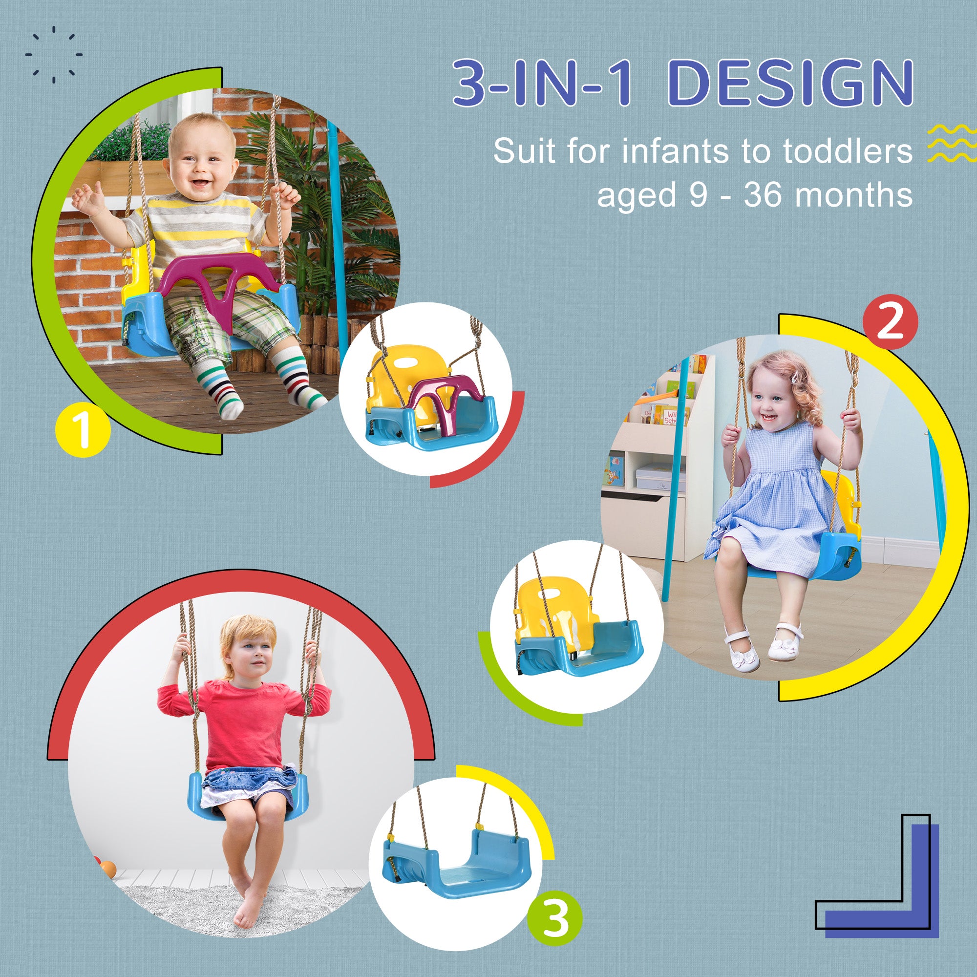 Outsunny 3 in 1 Detachable Kids Swing Seat with Seatbelt, Adjustable Rope for Indoor, Outdoor, Light Blue 