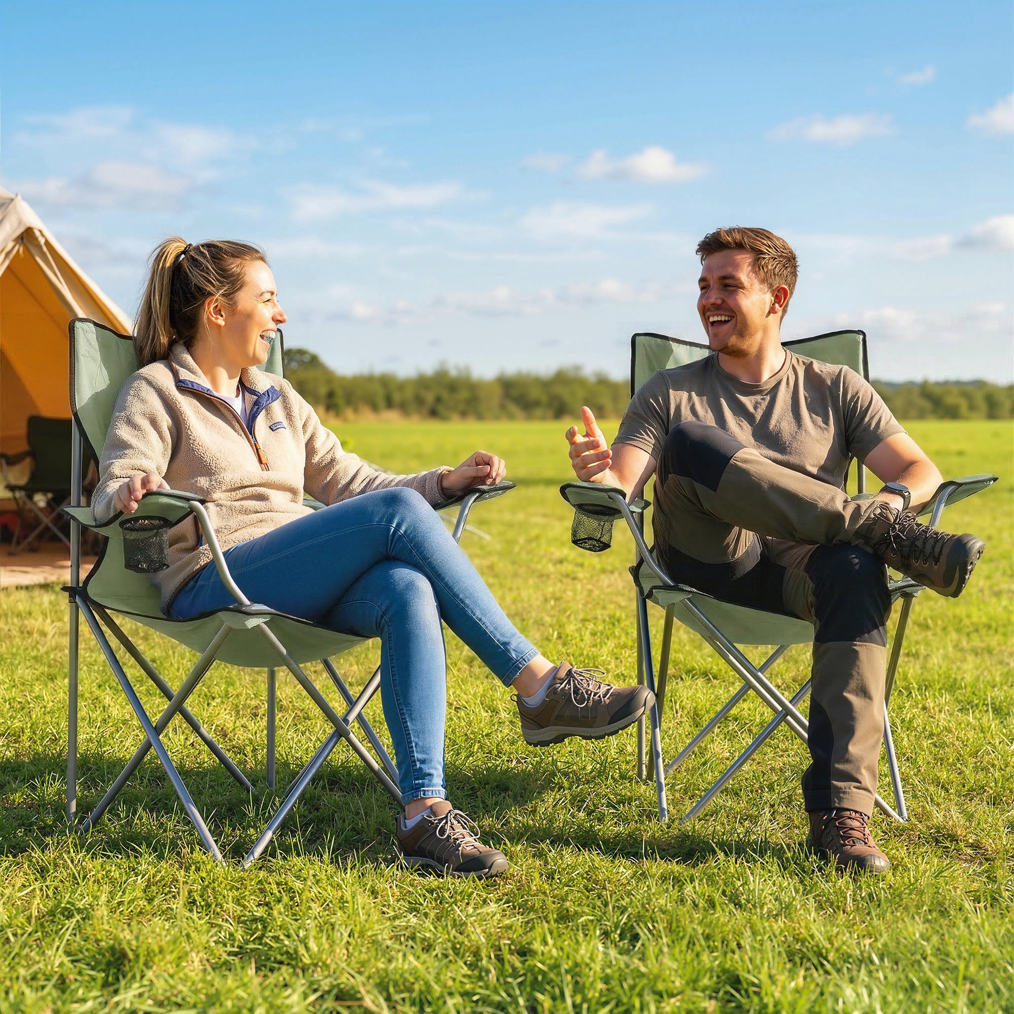 Outsunny Camping Chair Set of 2 Portable Folding Outdoor Camp Chair with Cup Holders and Carry Bag Green 