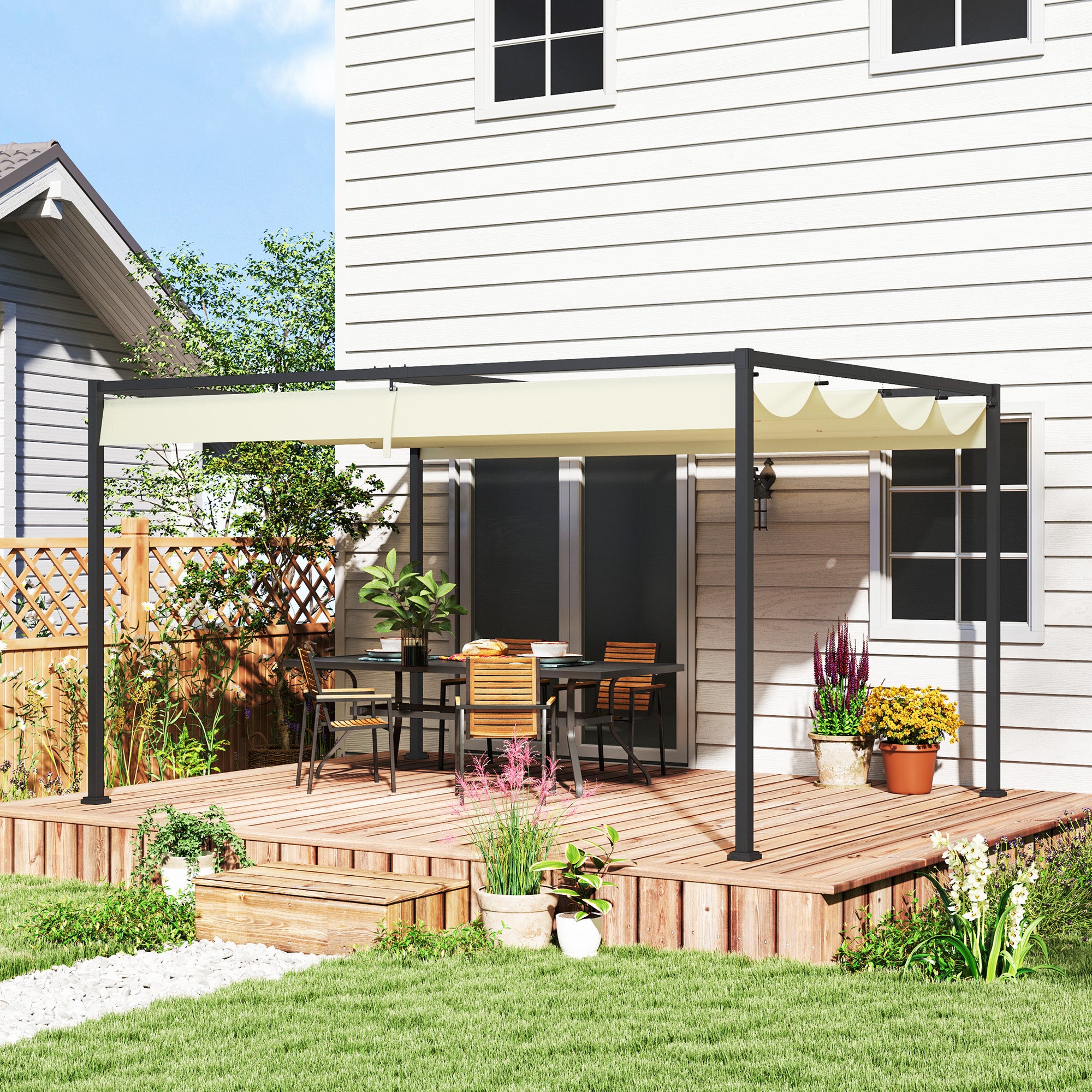 Outsunny 4 x 3(m) Metal Pergola with Retractable Roof, Garden Gazebo Canopy Shelter for Outdoor, Patio, Cream White 