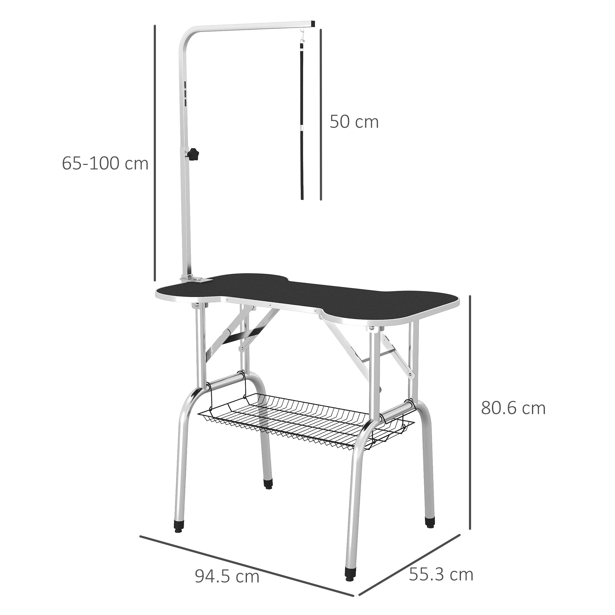 PawHut Foldable Dog Grooming Table Pet Drying Table with Adjustable Arm Non-Slip Rubber Tabletop Aluminium Alloy Edge Stainless Steel Bar Sling 94.5 x 55 x 81cm Black 