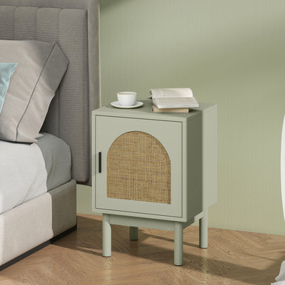 HOMCOM Set of 2 Rattan Bedside Tables, Boho Nightstands with Solid Wood Legs and Storage Cabinet for Living Room, Bedroom, Accent End Side Table, Light Green 
