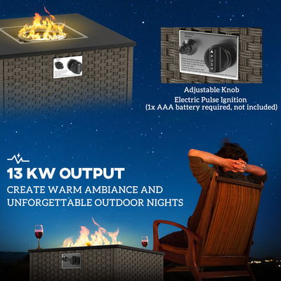 Outsunny Rattan Gas Fire Pit Table for Garden, 13 KW Smokeless Propane Fire Pit with Lid, Square Garden Coffee Table with Patio Heater for Outdoor, Patio, 58 x 58 x 33 cm, Grey 