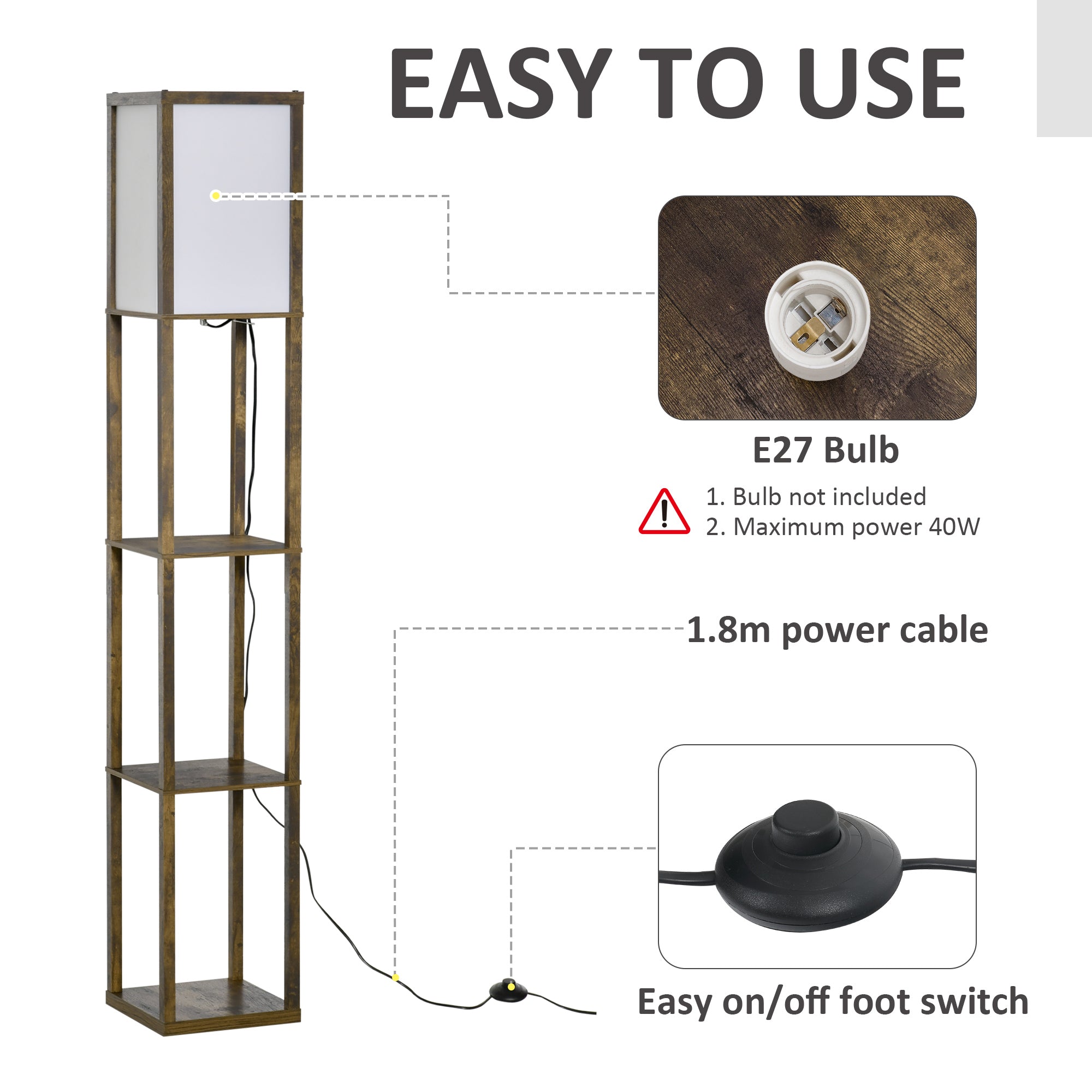 HOMCOM 3-Tier Floor Lamp, Floor Light with Storage Shelf, Reading Standing Lamp with Acrylic Shade for Living Room, Bedroom, Kitchen, Dining Room, Office, Dorm, 160cm, Brown 
