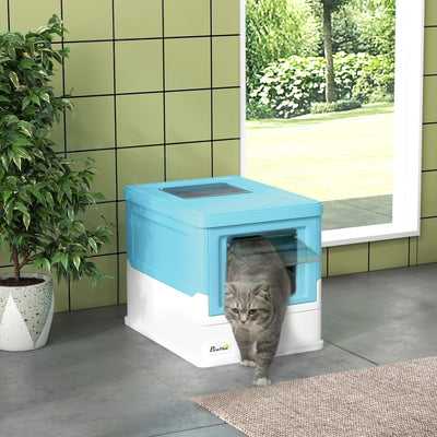 PawHut Hooded Cat Litter Box, Portable Pet Toilet, with Scoop, Front Entry - Light Blue 