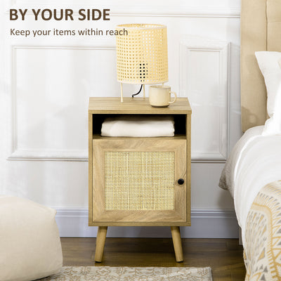 HOMCOM Bedside Table with Rattan Element, Side End Table with Shelf and Cupboard, 39cmx35cmx60cm, Natural 