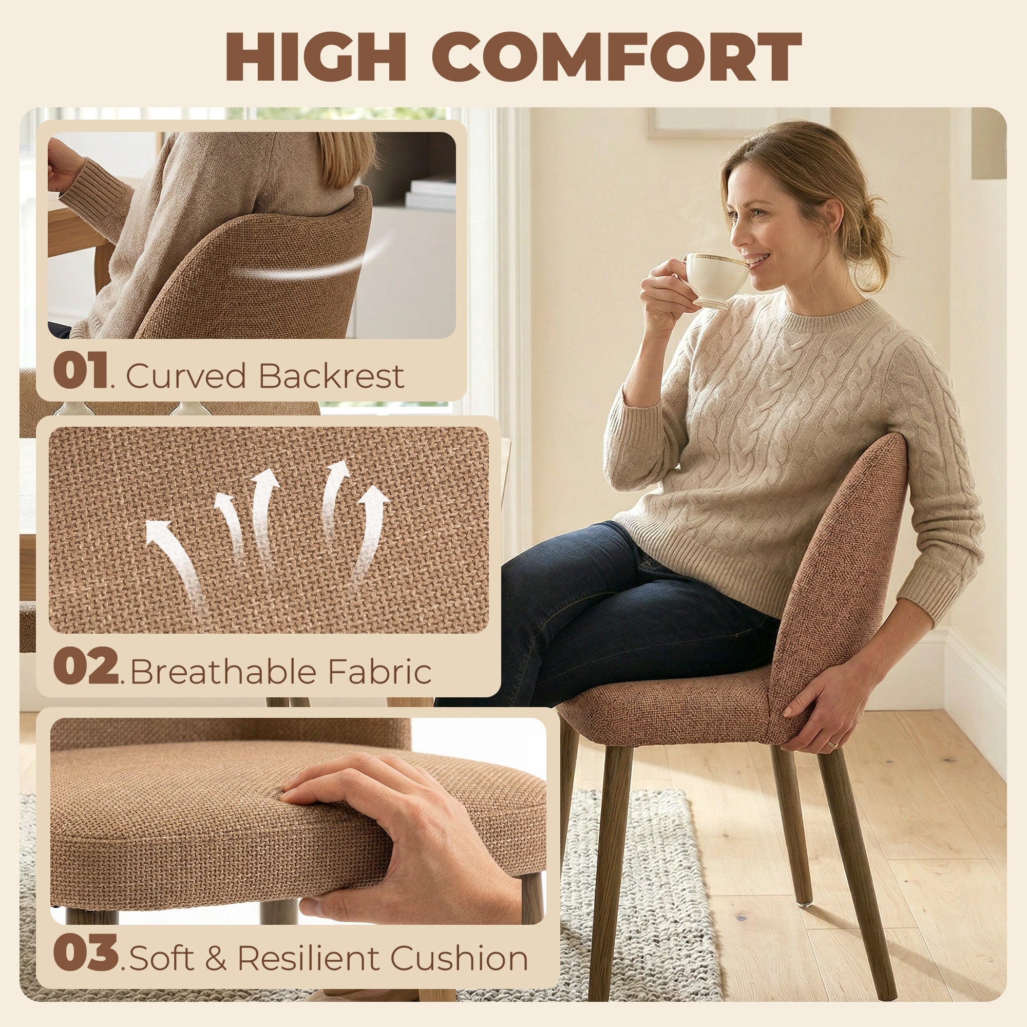 HOMCOM Dining Chairs Set of 2, Linen Upholstered Kitchen Chairs with Padded Seat, Curved Backrest, Rubberwood Legs, Brown 