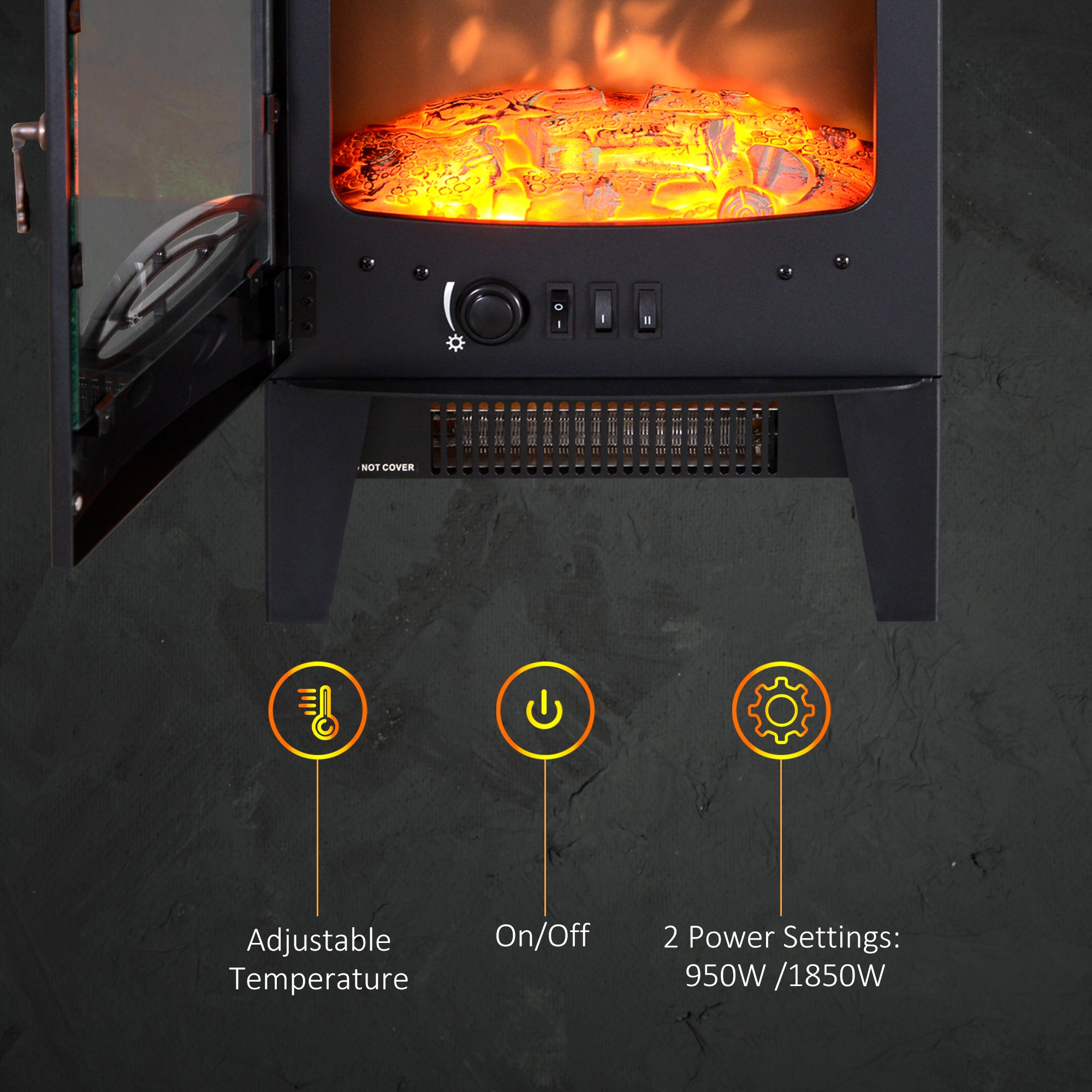 HOMCOM Tempered Glass Casing Electric Fireplace, Freestanding Electric Fire with Realistic Flame Effect, Log Burner with Overheat Protection, 950w/ 1850W, Black 
