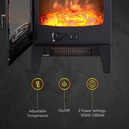 HOMCOM Tempered Glass Casing Electric Fireplace, Freestanding Electric Fire with Realistic Flame Effect, Log Burner with Overheat Protection, 950w/ 1850W, Black 