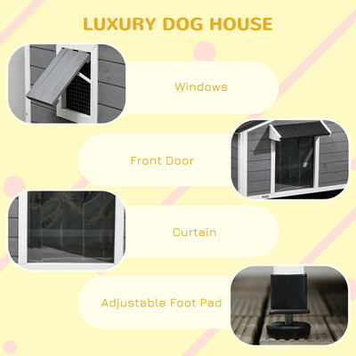 PawHut Wooden Dog Kennel for Outside, for Medium Dogs, 65H x 97L x 72Wcm, Grey 