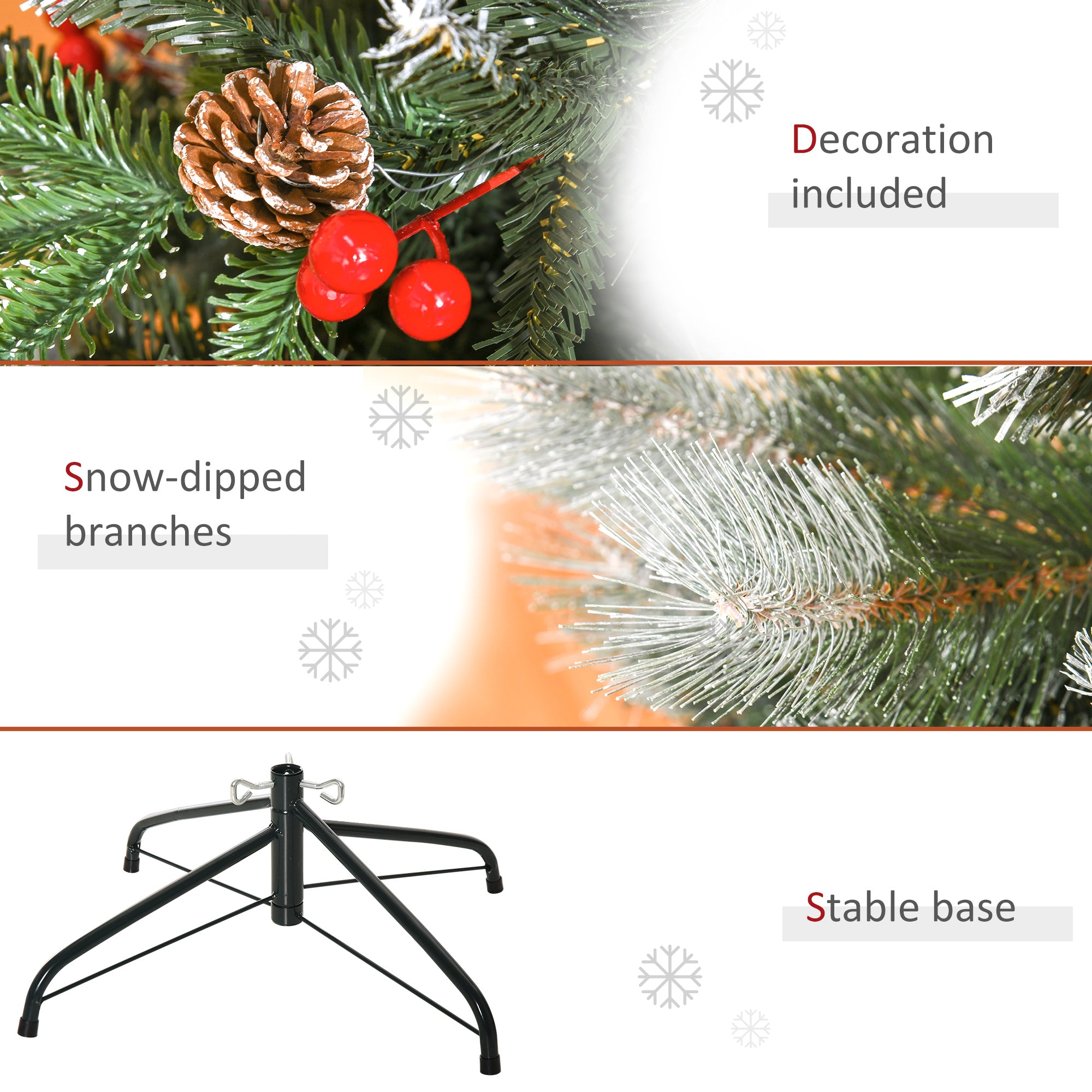 HOMCOM 5FT Artificial Snow Dipped Christmas Tree Xmas Pencil Tree Holiday Home Party Decoration with Foldable Feet Red Berries White Pinecones, Green 