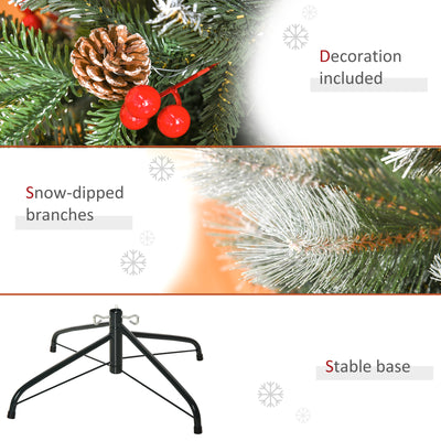 HOMCOM 5FT Artificial Snow Dipped Christmas Tree Xmas Pencil Tree Holiday Home Party Decoration with Foldable Feet Red Berries White Pinecones, Green 