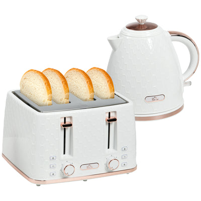HOMCOM 1.7L 3000W Fast Boil Kettle & 4 Slice Toaster Set, Kettle and Toaster Set with 7 Browning Controls, Crumb Tray, White 
