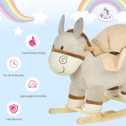 HOMCOM Kids Children Rocking Horse Plush Ride On Donkey Seat w/ Sound Wood Base Seat Safety Belt Toddler Baby Toy Rocker Grey 18 - 36 Months 