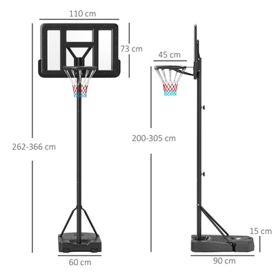 SPORTNOW Height Adjustable Basketball Stand Net Set System, Freestanding Basketball Hoop and Stand w/ Wheels, 200-305cm - Black 