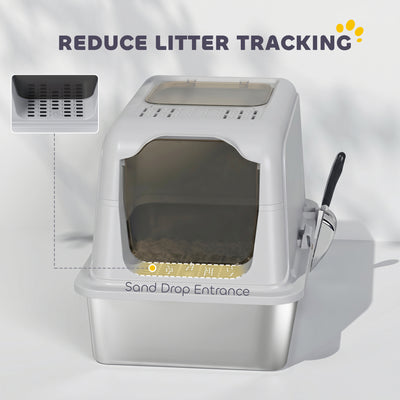 PawHut Extra Large Stainless Steel Litter Box, Enclosed Cat Litter Tray with Scoop, Deodorizer Bag, Front-Entry and Top-Exit