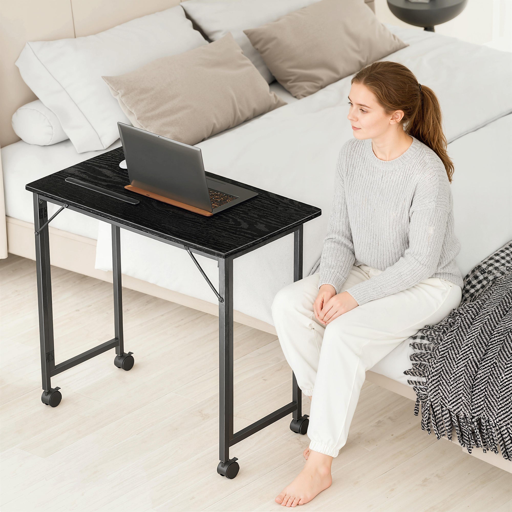 HOMCOM Folding Small Desk on Wheels - Black Wood Effect 