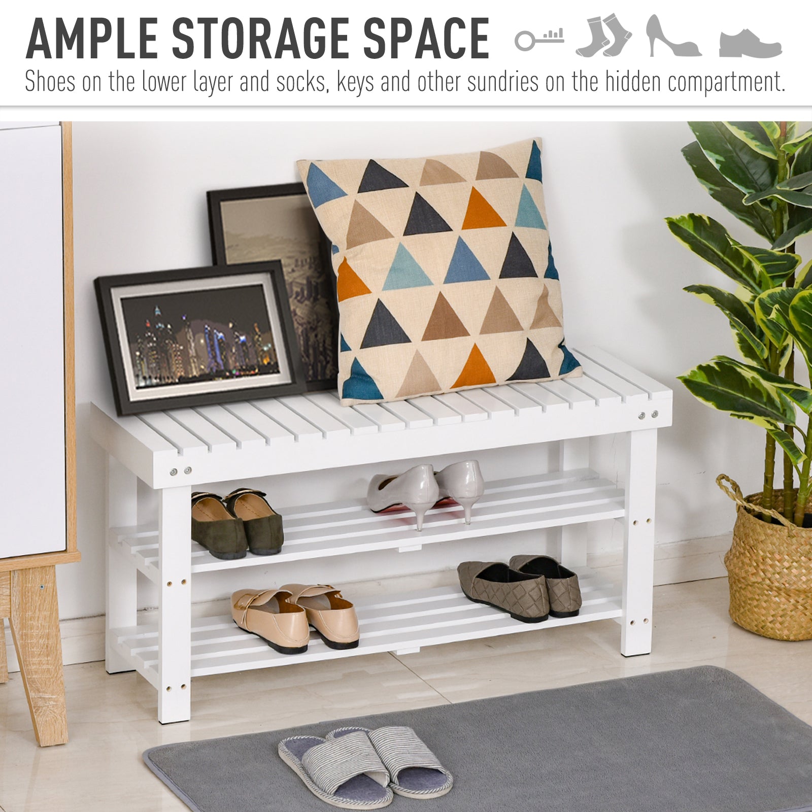 HOMCOM Shoe Bench, 3-Tier Wooden Shoe Rack with Hidden Storage Compartment, Slatted Shelves, Home Storage Unit, Hallway Furniture, White, 90L x 29W x45H cm 