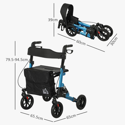 HOMCOM Folding Rollator Walker with Seat, Backrest, Lightweight Walking Frame with Storage Bag, Dual Brakes, Adjustable Handle Height, Suspension System, 4 Wheeled Walker for Seniors, Blue 