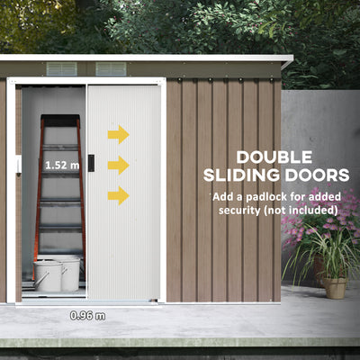 Outsunny 9ft x 4ft Metal Garden Shed, Outdoor Tool House with Foundation Kit, Ventilations and Double Doors, Light Grey Wood Grain 