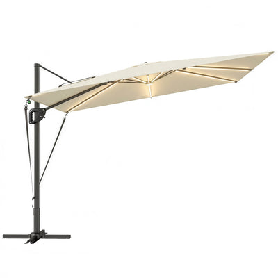 Outsunny 3 x 3 m Garden Cantilever Parasol w/ Light, Cover, UPF50+ Patio Umbrella w/ Wind Protection, 360° Rotation, Cream White 
