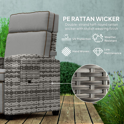 Outsunny Rattan Garden Recliner Chair, Adjustable Backrest Reclining Rattan Chair with Flip Table, Cushion and Footrest, Indoor Outdoor Lounge Reclining Sun Lounger for Patio, Mixed Grey/Grey 