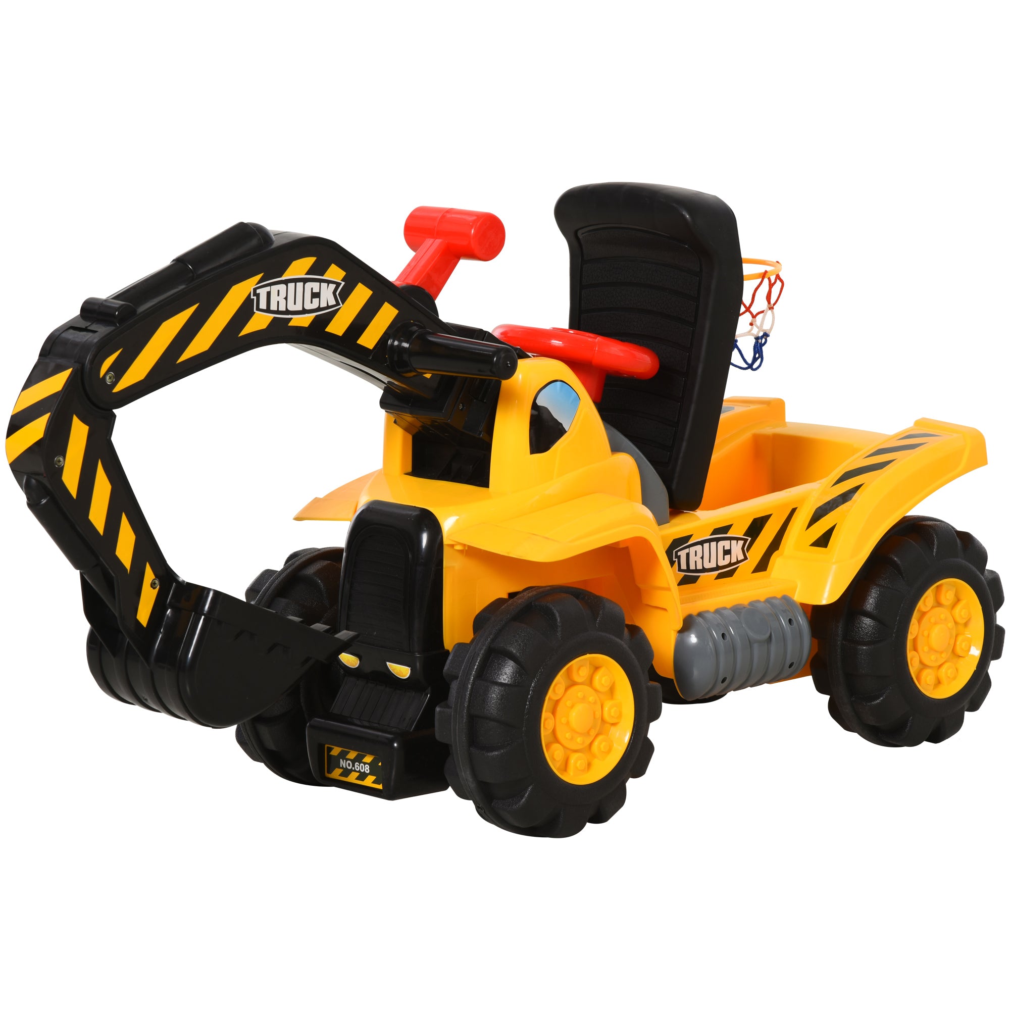 HOMCOM Kids Ride On Excavator Digger w/ Storage Basketball Net Steering NO POWER Wheel Vehicle Truck Toy 