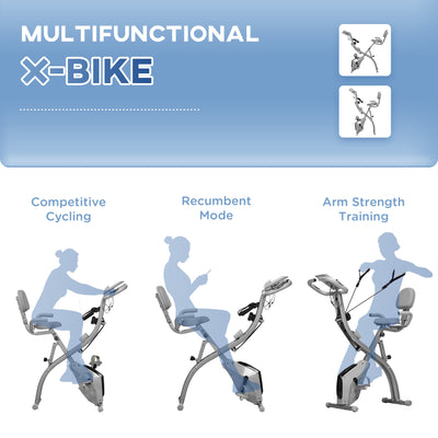 HOMCOM 2-in-1 Folding Exercise Bike with 8-Level Magnetic Resistance, Arm Resistance Band, Pulse Sensor, Grey 