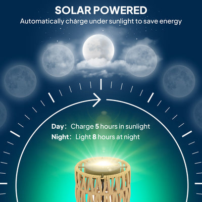Outsunny Boho Rattan Floor Lamp, 3-Lights Rattan Lamp with Shelf, Freestanding Solar Garden Light with Auto On/Off Lights, IP44 Waterproof for Porch, Pathway, Deck, Yellow 