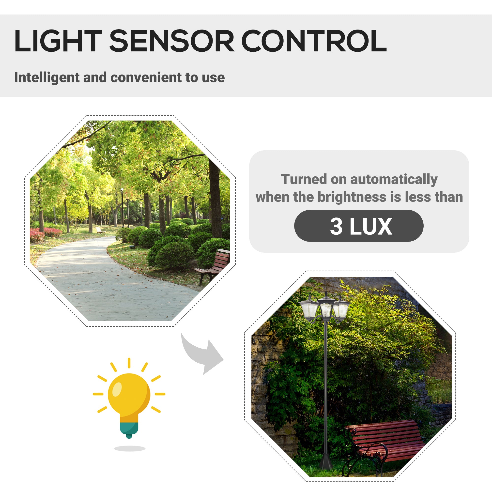 Outsunny 1.8m Traditional Victorian Style 3 Way Head Outdoor Garden Solar Post Lamp Sensor Dimmable LED Lantern Bollard Pathway IP44 – Black 
