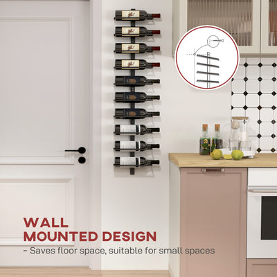 HOMCOM 10-Tier Wall Mount Wine Rack, Steel Wall Wine Rack for 10 Wine Bottles, Wall Wine Display Rack for Kitchen, Dining Room, Home Bar, Black 
