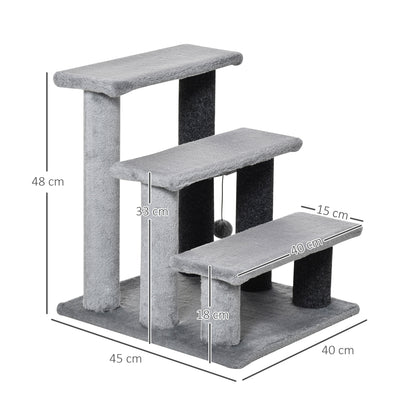 PawHut 3-step Pet Stairs with Scratching Posts, Platforms, Toy Ball, Grey 
