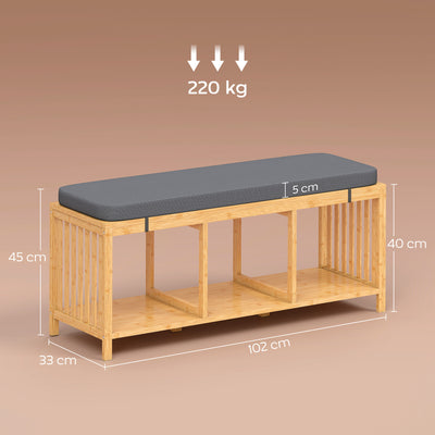 HOMCOM Bamboo Shoe Bench, Entryway Storage Bench with Padded Cushion and Open Shelf, Natural Wood Finish 