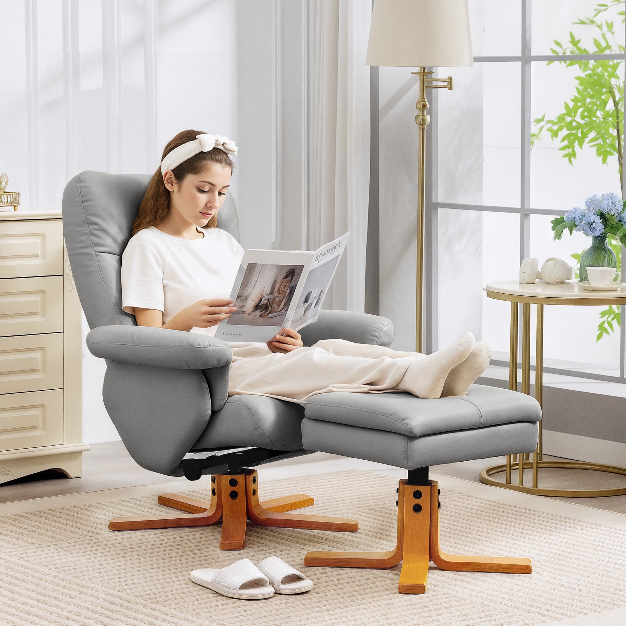 HOMCOM PU Leather Swivel Recliner Chair with Footstool, Wooden Base and Storage for Living Room, Light Grey 